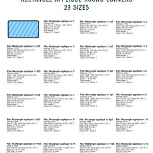Pu&ograve; includere: Un grafico che mostra 23 diverse dimensioni di modelli di applique rettangolari con angoli arrotondati. Il grafico include il nome del file, il numero di punti, la dimensione in millimetri e pollici, e i punti di inizio e fine per l'applique. Il grafico &egrave; etichettato come "Rectangle Applique Round Corners 23 Sizes".