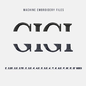 May include: Machine embroidery files for the Greek letters Delta, Iota, and Omicron. The letters are shown in black and are available in sizes from 2 to 12 inches.