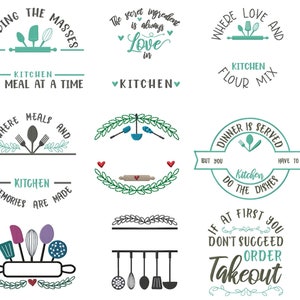 Kitchen Embroidery Designs Bundle, Split Monogram Frames Embroidery Patterns for Kitchen Towels and Aprons, Embroidery Sayings for Kitchen