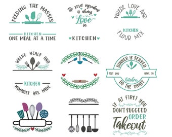 Kitchen Embroidery Designs Bundle, Split Monogram Frames Embroidery Patterns for Kitchen Towels and Aprons, Embroidery Sayings for Kitchen