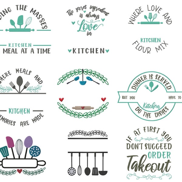 Kitchen Embroidery Designs Bundle, Split Monogram Frames Embroidery Patterns for Kitchen Towels and Aprons, Embroidery Sayings for Kitchen