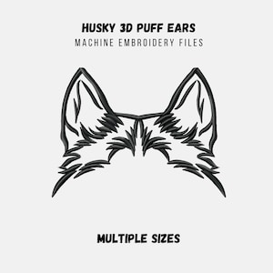 Könnte beinhalten: Schwarz-weißes Linienkunst-Stickmuster von Husky-Ohren. Das Design ist mit "Husky 3D Puff Ears" und "Machine Embroidery Files" beschriftet.