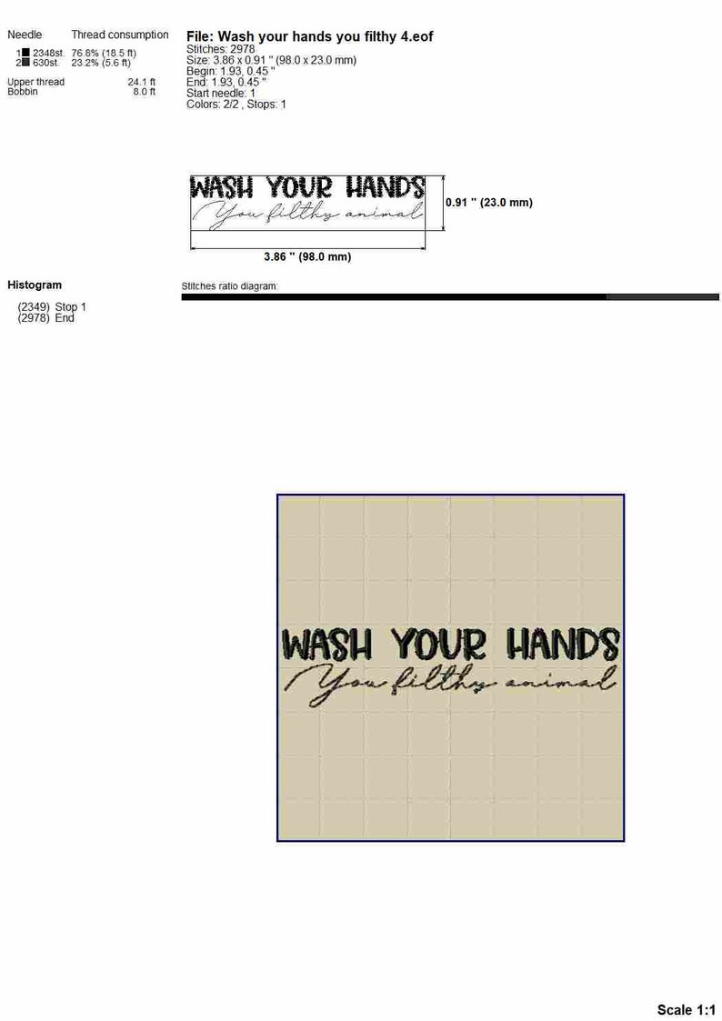 May include: A black and white embroidery design of the text "Wash your hands you filthy animal" on a beige background. The design is 3.86 inches wide and 0.91 inches tall.