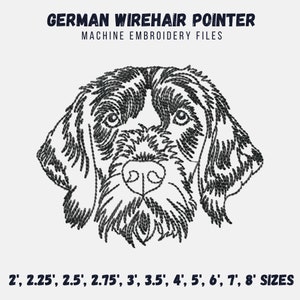 Könnte beinhalten: Schwarzweißes Linienkunst-Stickmuster eines Deutschen Drahthaar-Vorstehhundes. Das Design ist in den Größen 5 bis 20 cm erhältlich.