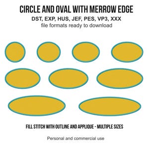 May include: A digital embroidery design set featuring mustard yellow circles and ovals with teal merrow edges. Text reads: CIRCLE AND OVAL WITH MERROW EDGE, DST, EXP, HUS, JEF, PES, VP3, XXX, file formats ready to download, FILL STITCH WITH OUTLINE AND APPLIQUE - MULTIPLE SIZES, Personal and commercial use.