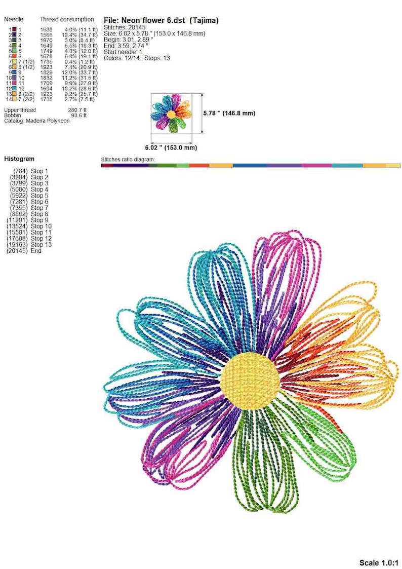 Daisy flower machine embroidery design, colorful flower line embroidery files, multiple sizes image 10