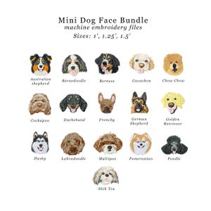 Peut inclure: Fichiers de broderie machine avec des motifs de visages de chiens miniatures. L'image présente des races comme le Berger Australien, le Bernedoodle et le Husky. Tailles : 2.5 cm, 3.2 cm, et 3.8 cm.