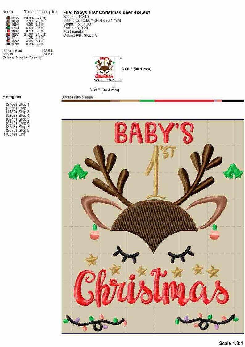 Pu&ograve; includere: Ricamo di una renna con il testo "BABY'S 1ST CHRISTMAS" in filo rosso e marrone. Il disegno misura 8,4 cm per 9,8 cm.