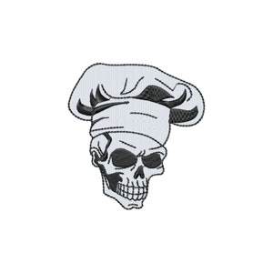 May include: Black and white illustration of a skull wearing a chef's hat.