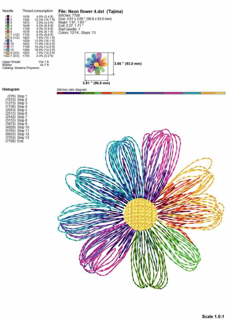 Daisy flower machine embroidery design, colorful flower line embroidery files, multiple sizes image 7