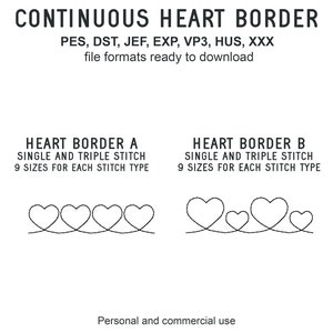 May include: Two black and white line drawings of heart borders. The top drawing is labeled "Heart Border A" and the bottom drawing is labeled "Heart Border B". Both drawings feature single and triple stitch designs in nine sizes.