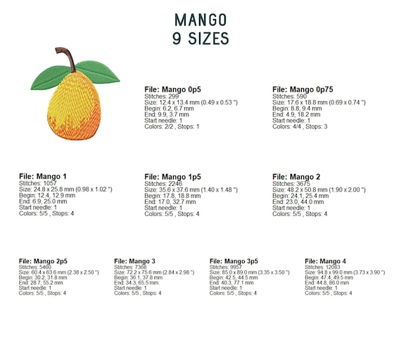 Simple Mango Machine Embroidery Design: Fill Stitch, Sizes