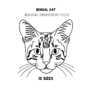 Diseños de bordado de máquina de cara de gato Bengala / Tabby, múltiples tamaños 3 - 8 pulgadas