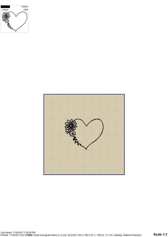 Flower Heart Embroidery Design: Floral Monogram Frame Outline