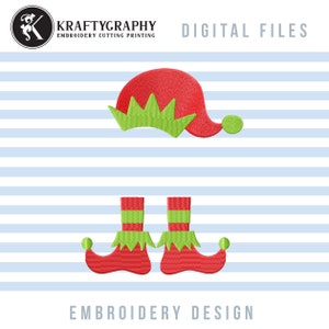 May include: Embroidery design of a red elf hat with green trim and a pair of red elf shoes with green trim and a green bell on each toe.