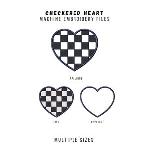 May include: Machine embroidery files for a checkered heart design. The design is shown in two versions: a filled heart and an applique heart.