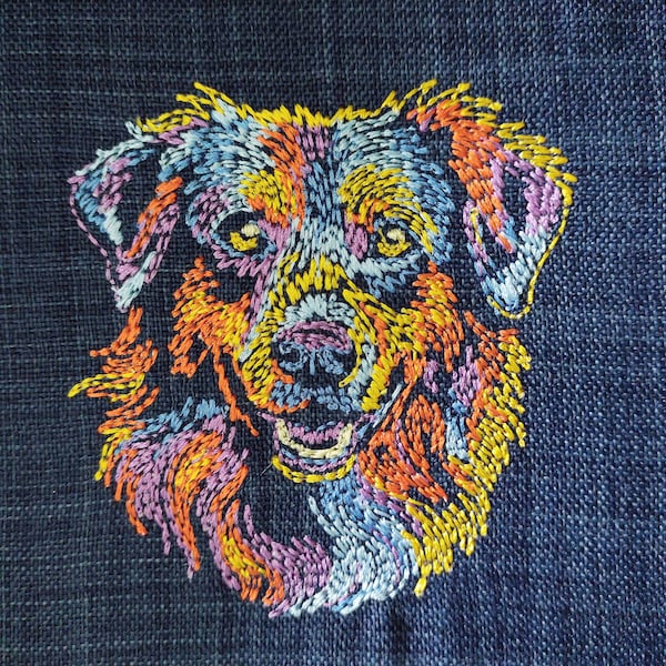 Australian shepherd colorful dog machine embroidery design, bean stitch embroidery patterns, 5 sizes, stylized dog pes embroidery files,