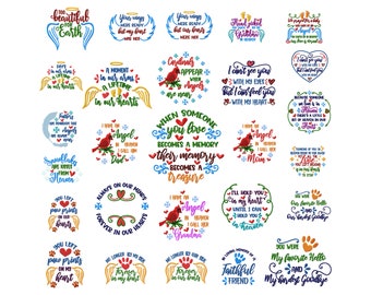 Christmas machine embroidery files sayings for special gifts in memory of baby, pet, mom, dad with cardinal bird,  snowflakes, heaven