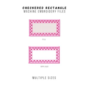 Könnte beinhalten: Zwei rosa karierte Rechteck-Stickmuster. Das obere Design ist gefüllt, und das untere Design ist eine Applikation. Der Text "FILL" befindet sich unter dem oberen Design, und der Text "APPLIQUE" befindet sich unter dem unteren Design. Der Text "MULTIPLE SIZES" befindet sich am unteren Rand des Bildes.