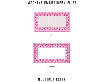 May include: Two pink checkered rectangle embroidery designs. The top design is filled in, and the bottom design is an applique. The text "FILL" is below the top design, and the text "APPLIQUE" is below the bottom design. The text "MULTIPLE SIZES" is at the bottom of the image.