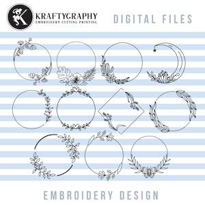 May include: Set of 10 embroidery designs featuring floral wreaths, a crescent moon, a star, and a butterfly. The designs are in black and white and are perfect for adding a touch of elegance to any project.