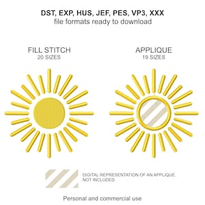 Puede incluir: Dos diseños de bordado de sol amarillos. Uno es un punto de relleno con 20 tamaños, y el otro es una aplicación con 19 tamaños. El texto en la parte superior indica formatos de archivo listos para descargar. El texto inferior dice "Uso personal y comercial."