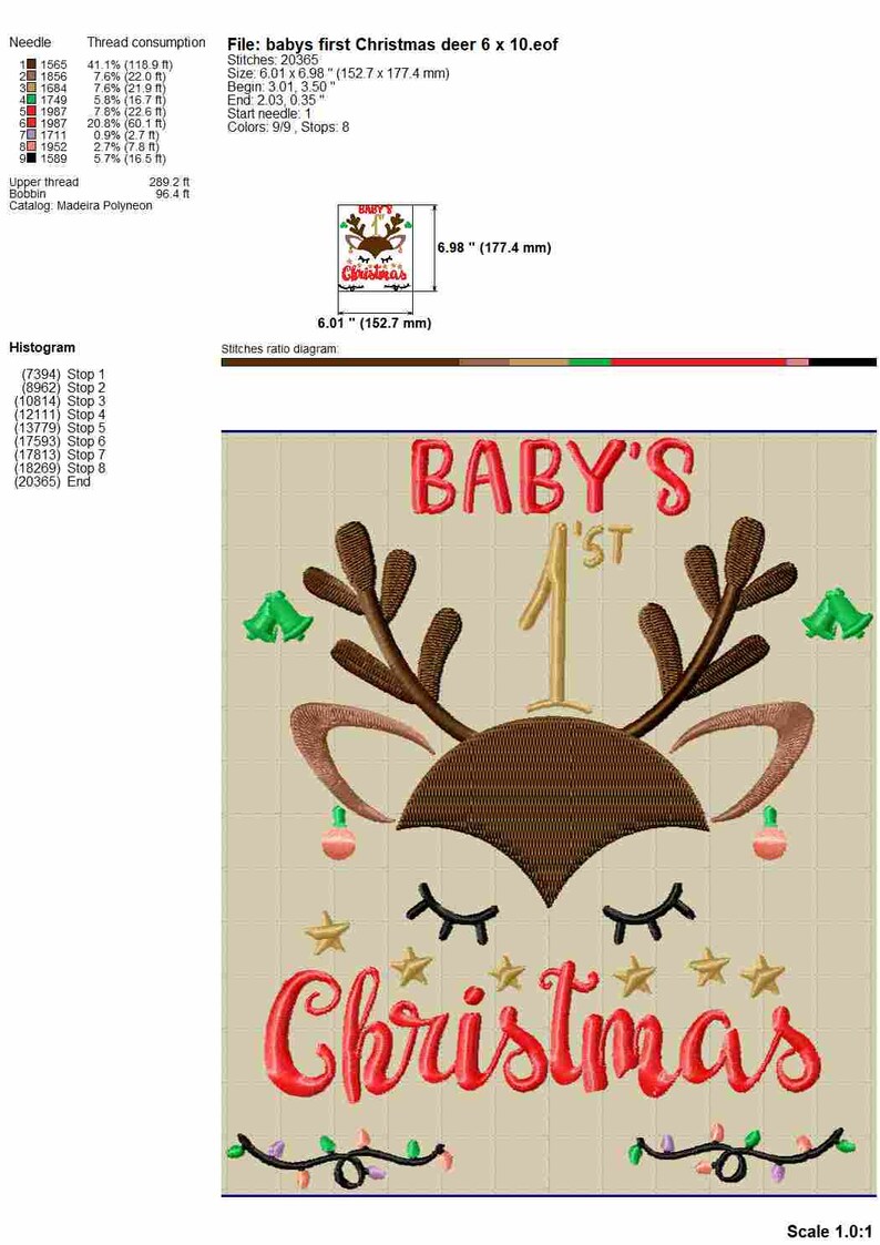 Pu&ograve; includere: Disegno ricamato di una renna con il testo "BABY'S 1ST CHRISTMAS" in filo rosso e oro. Il disegno misura 15,27 cm per 17,74 cm.