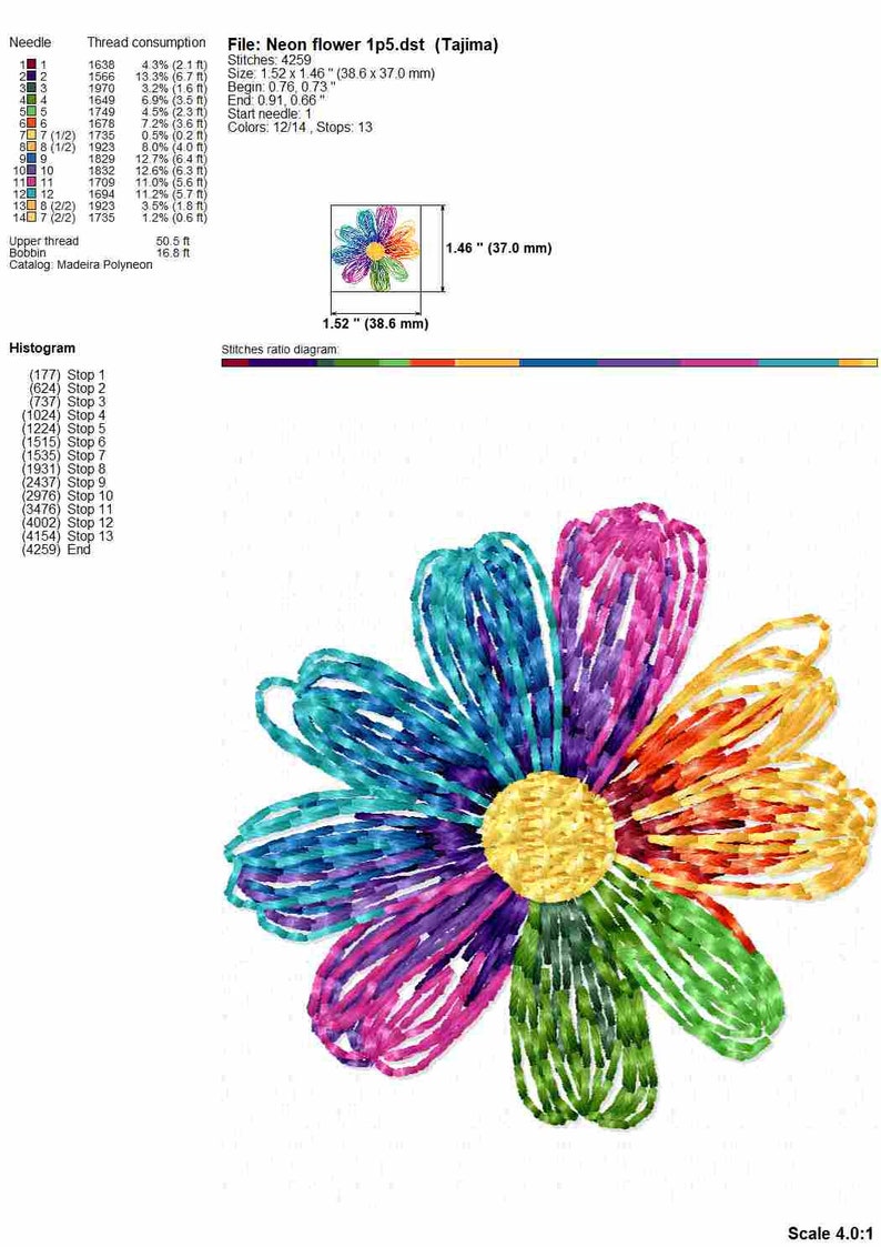 Daisy flower machine embroidery design, colorful flower line embroidery files, multiple sizes image 3