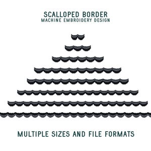 Può includere: Un disegno di ricamo a macchina con un bordo smerlato, disposto a forma di piramide, con il bordo più grande alla base. Il testo in alto recita "Scalloped Border Machine Embroidery Design". È presente anche il testo "Multiple Sizes and File Formats".