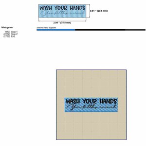 May include: A blue and white embroidery design with the text "WASH YOUR HANDS You filthy animal" in black lettering. The design measures 2.98 inches by 0.81 inches.