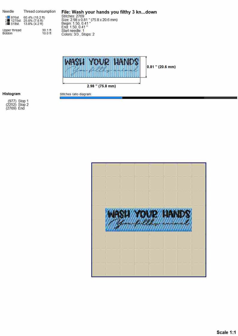 May include: A blue and white embroidery design with the text "WASH YOUR HANDS You filthy animal" in black lettering. The design measures 2.98 inches by 0.81 inches.