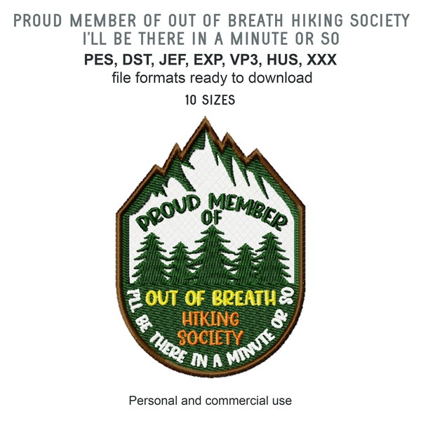 Hilarious Hiking Badge Machine Embroidery Designs, Funny Hiking Club Embroidery Patterns, Beginner Hiker Pes Files, Out of Breath Jef Files