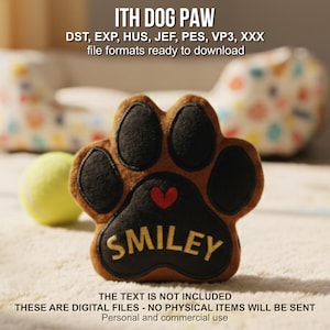 Könnte beinhalten: Ein braun-schwarzes Design in Form einer Hundepfote mit dem Wort "SMILEY" in goldfarbenen Buchstaben. Ein rotes Herz befindet sich in der Mitte. Der Text "ITH DOG PAW" und Informationen zum Dateiformat stehen oben. Der Text "DER TEXT IST NICHT ENTHALTEN" und "DIES SIND DIGITALE DATEIEN" stehen unten.