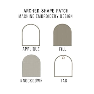May include: Four different styles of arched shape patches for machine embroidery. The styles are applique, fill, knockdown, and tag.