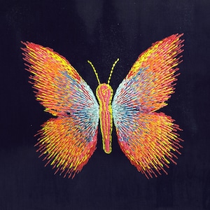 Puede incluir: Una mariposa bordada colorida con hilo rojo, amarillo y azul sobre un fondo negro.