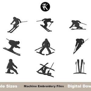 Könnte beinhalten: Schwarze Silhouette-Designs von Skifahrern in verschiedenen Posen, darunter Abfahrtslauf und Skisprung. Der Text "Multiple Sizes", "Machine Embroidery Files" und "Digital Download" ist enthalten. Oben befindet sich ein kreisförmiges Logo.