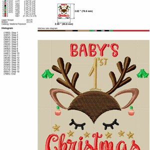 Pu&ograve; includere: Ricamo di una renna con il testo "BABY'S 1st Christmas" in filo rosso e oro. Il disegno misura circa 6,58 cm per 7,66 cm.