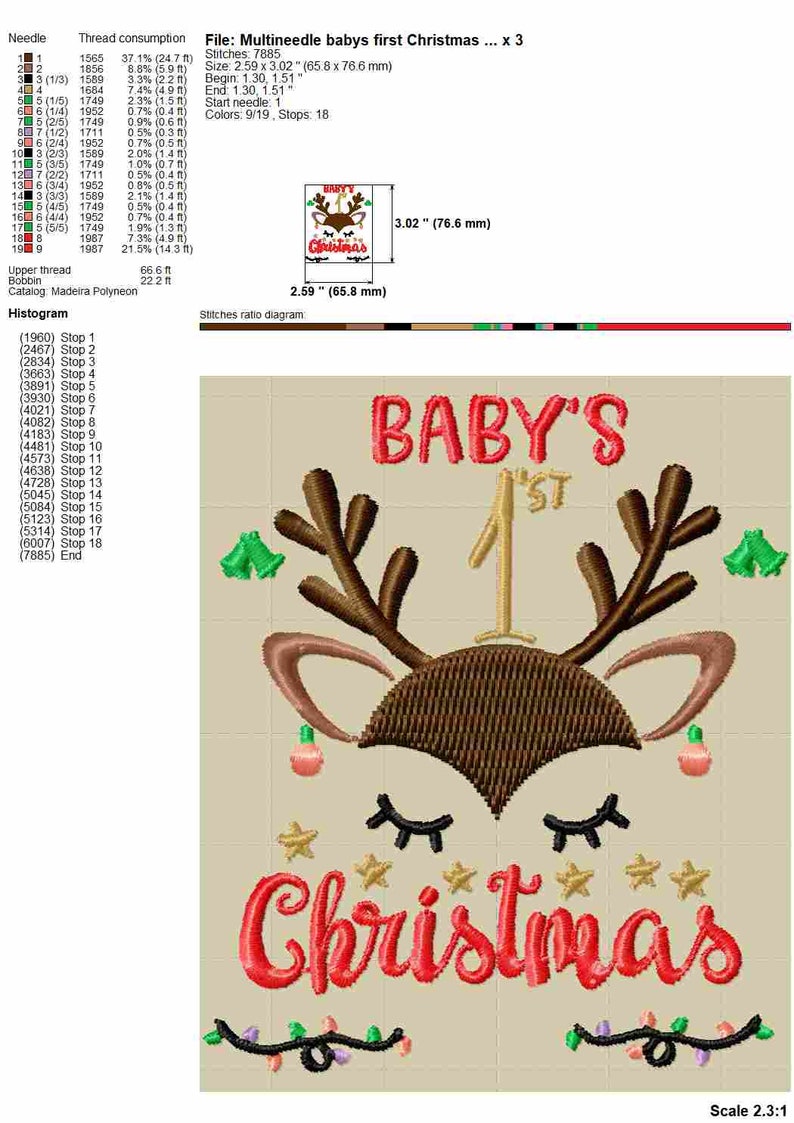 Pu&ograve; includere: Ricamo di una renna con il testo "BABY'S 1st Christmas" in filo rosso e oro. Il disegno misura circa 6,58 cm per 7,66 cm.