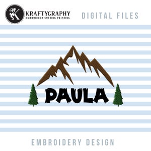 Diseño de bordado a máquina con diseño de montaña y árboles divididos para nombre: 2 a 8 pulgadas