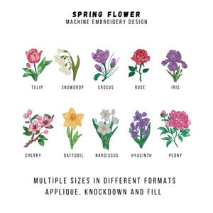 Peut inclure: Un tableau de 10 fleurs de printemps différentes, chacune avec son nom en dessous. Les fleurs sont brodées dans différentes couleurs, notamment le rose, le jaune, le blanc, le violet et le rouge. Le tableau est intitulé "Spring Flower Machine Embroidery Design".