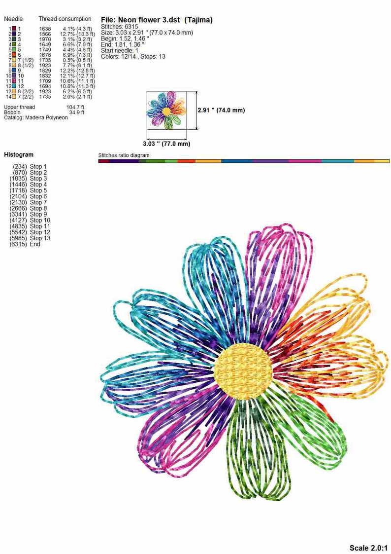 Daisy flower machine embroidery design, colorful flower line embroidery files, multiple sizes image 5