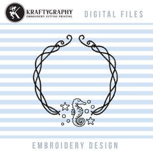 May include: Black and white embroidery design of a seahorse with stars and bubbles inside a decorative wreath. The design is on a blue and white striped background. "Kraftygraphy Embroidery Cutting Printing" and "Digital Files" are written at the top of the image. "Embroidery Design" is written at the bottom of the image.