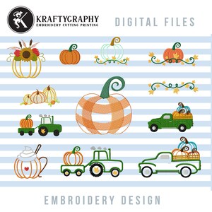 Fall machine embroidery designs fill and applique, autumn Thanksgiving and Halloween embroidery files, pumpkin, truck, tractor, coffee,
