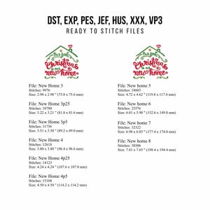 May include: Digital embroidery files for Christmas, featuring the text "Our first Christmas in our new home" in a festive design. Includes multiple file sizes, ranging from approximately 3" to 7.8" wide.