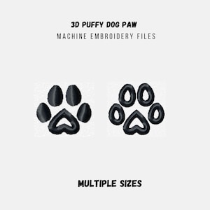 May include: Two black 3D puffy dog paw embroidery designs. The designs are in different sizes. The text "3D PUFFY DOG PAW" and "MACHINE EMBROIDERY FILES" is above the designs. The text "MULTIPLE SIZES" is below the designs.