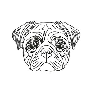 Pug Dog Face Embroidery Design: Sketch Outline Art Digital Files, Multiple Sizes