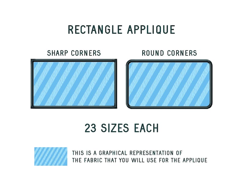 Pu&ograve; includere: Una rappresentazione grafica di 23 diverse dimensioni di forme di applique rettangolari con angoli acuti e arrotondati. L'applique &egrave; un tessuto blu chiaro con un motivo a strisce diagonali. "RECTANGLE APPLIQUE", "SHARP CORNERS", "ROUND CORNERS" e "23 SIZES EACH" sono scritti in testo verde scuro. "THIS IS A GRAPHICAL REPRESENTATION OF THE FABRIC THAT YOU WILL USE FOR THE APPLIQUE" &egrave; scritto in testo verde scuro.