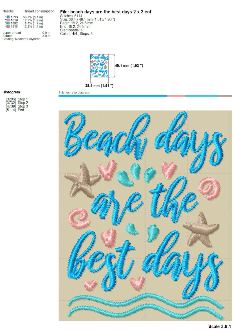 May include: Embroidered design featuring the text "Beach days are the best days" in blue cursive lettering. The design also includes starfish, seashells, and waves in blue, pink, and beige.