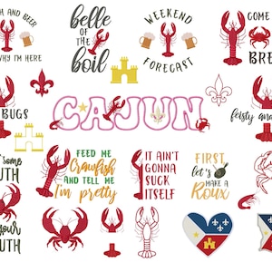 Cajun Crawfish Embroidery Design Bundle, Louisiana Patterns: Multiple Sizes