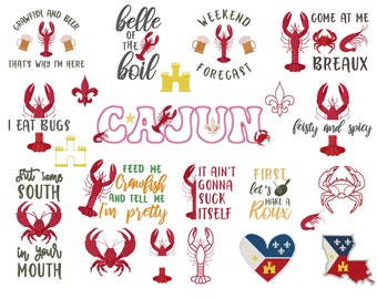 Cajun Crawfish Embroidery Design Bundle, Boiled Crab Embroidery Patterns, Applique Embroidery Files, South Louisiana Embroidery Sayings